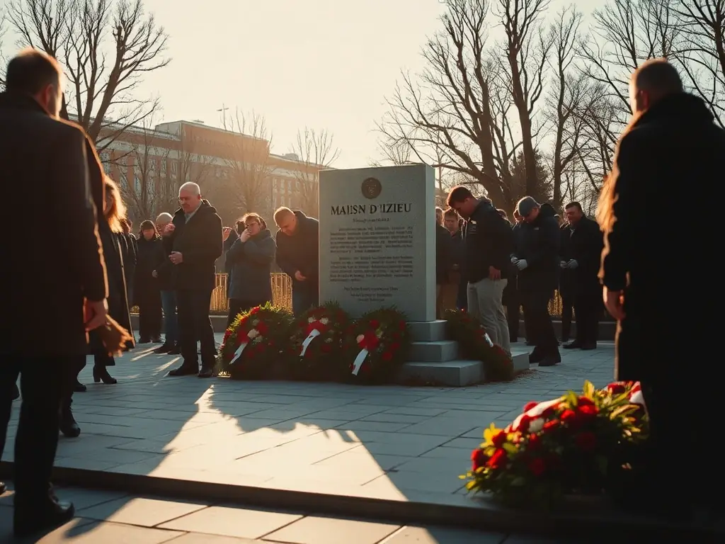 A solemn ceremony at a war memorial with participants laying wreaths and national flags fluttering in the background, symbolizing respect and remembrance.