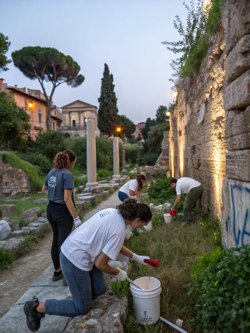 Volunteers working on the restoration of a war monument, carefully cleaning and repairing the structure to preserve its historical integrity.